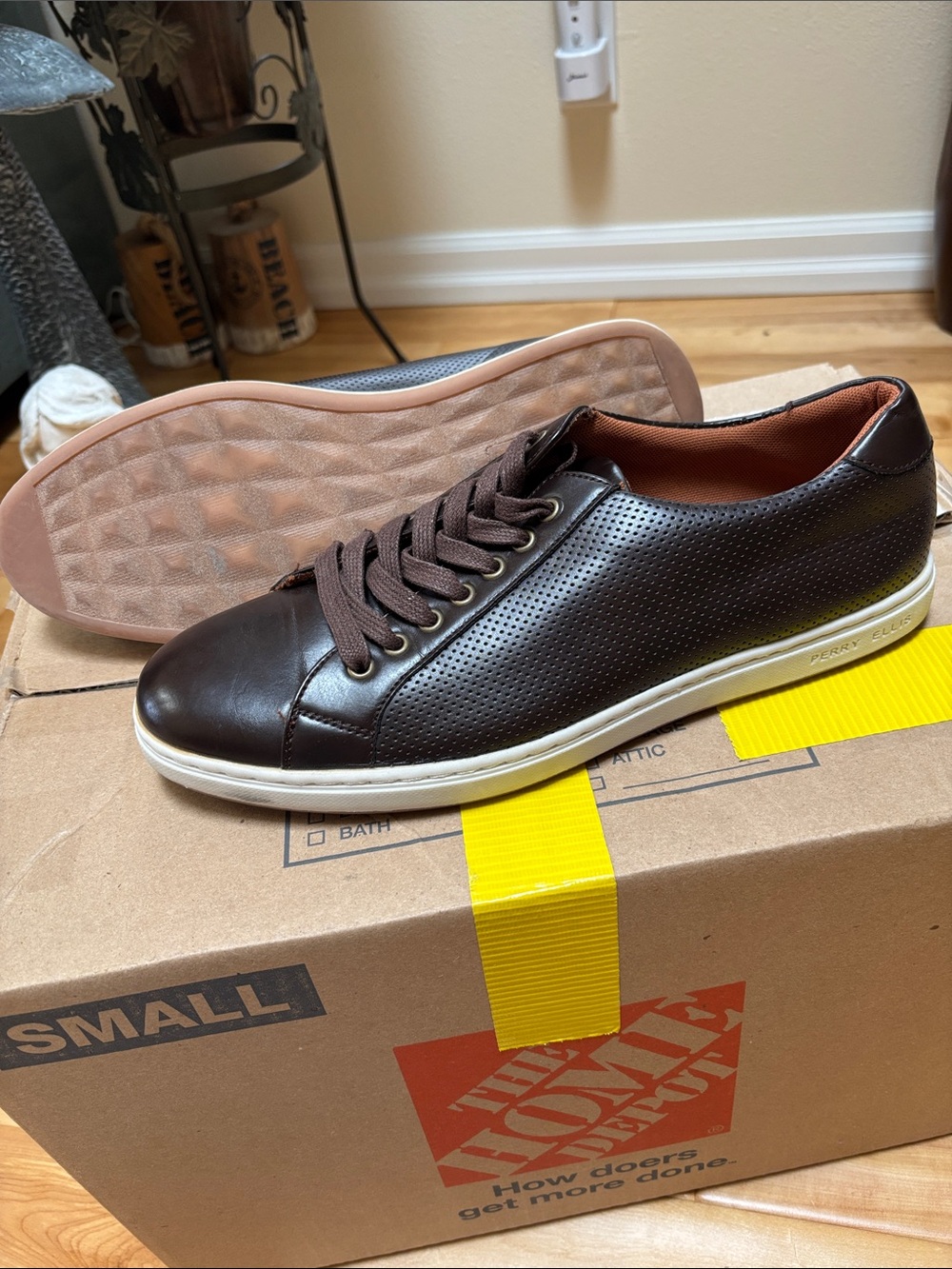 Perry Ellis Brown Perforated Leather Lace-Up Sneaker with White Sole